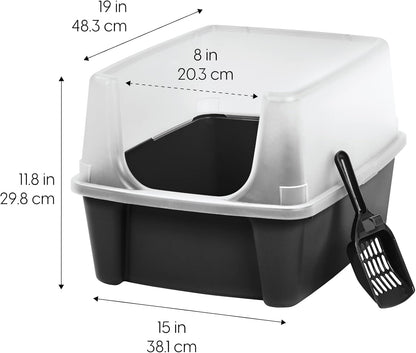 IRIS USA Large Cat Litter Box with Scoop, Open Top Cat Litter Pan, Black