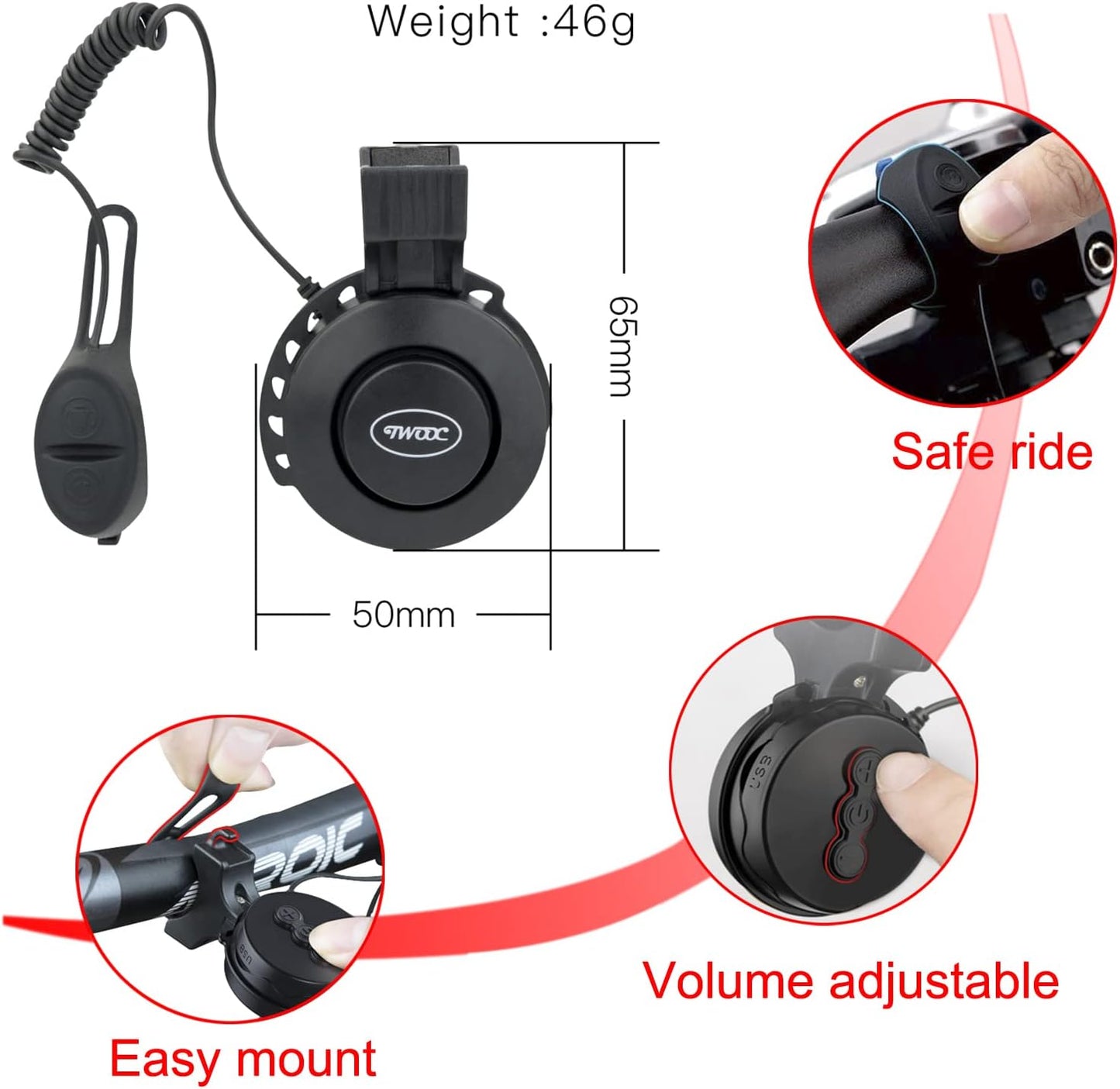 BSSOK Electric Bike Horn for Adults | 100-120dB Upgrade Adjustable Volume | Electronic Bicycle Bell Loud | 4 Classic Sound | USB Rechargeable Battery | Waterproof Electric Bike Bell