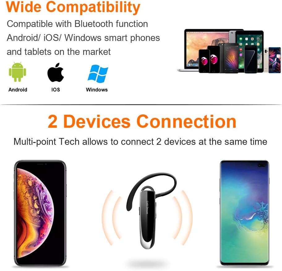 Bluetooth Earpiece Wireless Bluetooth Headset Handsfree 1440 Hours Standby Time with Noise Cancelling in-Ear Earbuds for Business/Office/Driving, Compatible iPhone/Android/Samsung Cellphone(Black)