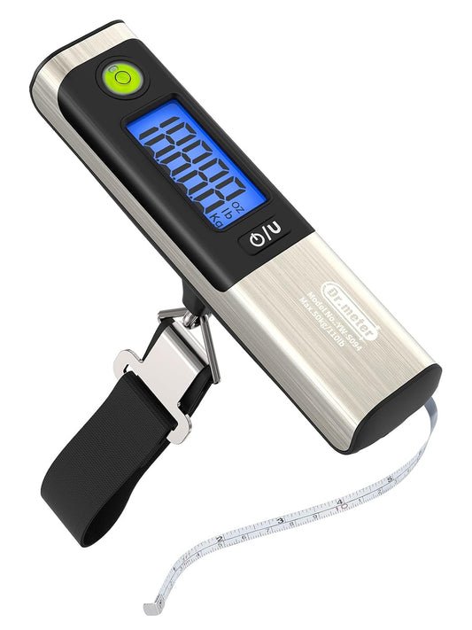 Luggage Scale, Dr.meter Digital Hanging Weight Scale with Tape Ruler, Portable Suitcase Scale 110lb/50kg Backlight LCD Display Electronic Scale Travel Essentials Traveler Gifts, Overload Alarm-Silver