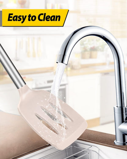 Pack of 2 Silicone Slotted Spatula,Non Stick Solid Kitchen Turner, High Heat Resistant BPA Free Cooking Utensils for Fish, Eggs, Pancakes（Black