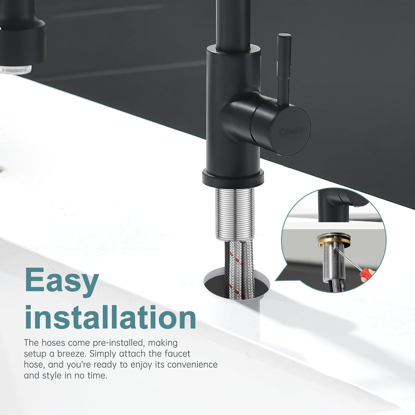 GIMILI Matte Black Kitchen Faucet with LED Light,Single Hole Spring Kitchen Sink Faucet with Pull Down Sprayer