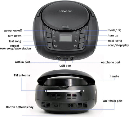 LONPOO Portable CD Player | Stereo Bluetooth Boombox | FM Radio Turn Knob | Auto Lid Open Button | Big LCD Display | Concealed Ports of USB/AUX/Earphone | Rear Power Protection Button (LP-D12)