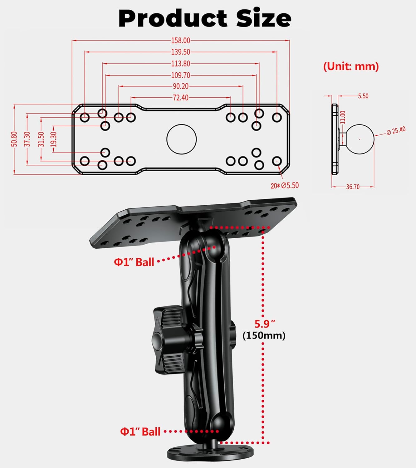 VAZESWIN Aluminum Alloy Fish Finder Mount with B Size 1" Ball Rectangle Plate & Round Base, 5.9" Long Arm Marine Electronic Mount Compatible with Garmin, Lowrance, Humminbird, Raymarine and More
