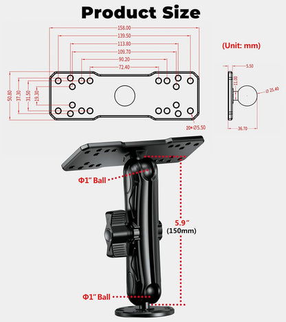VAZESWIN Aluminum Alloy Fish Finder Mount with B Size 1" Ball Rectangle Plate & Round Base, 5.9" Long Arm Marine Electronic Mount Compatible with Garmin, Lowrance, Humminbird, Raymarine and More