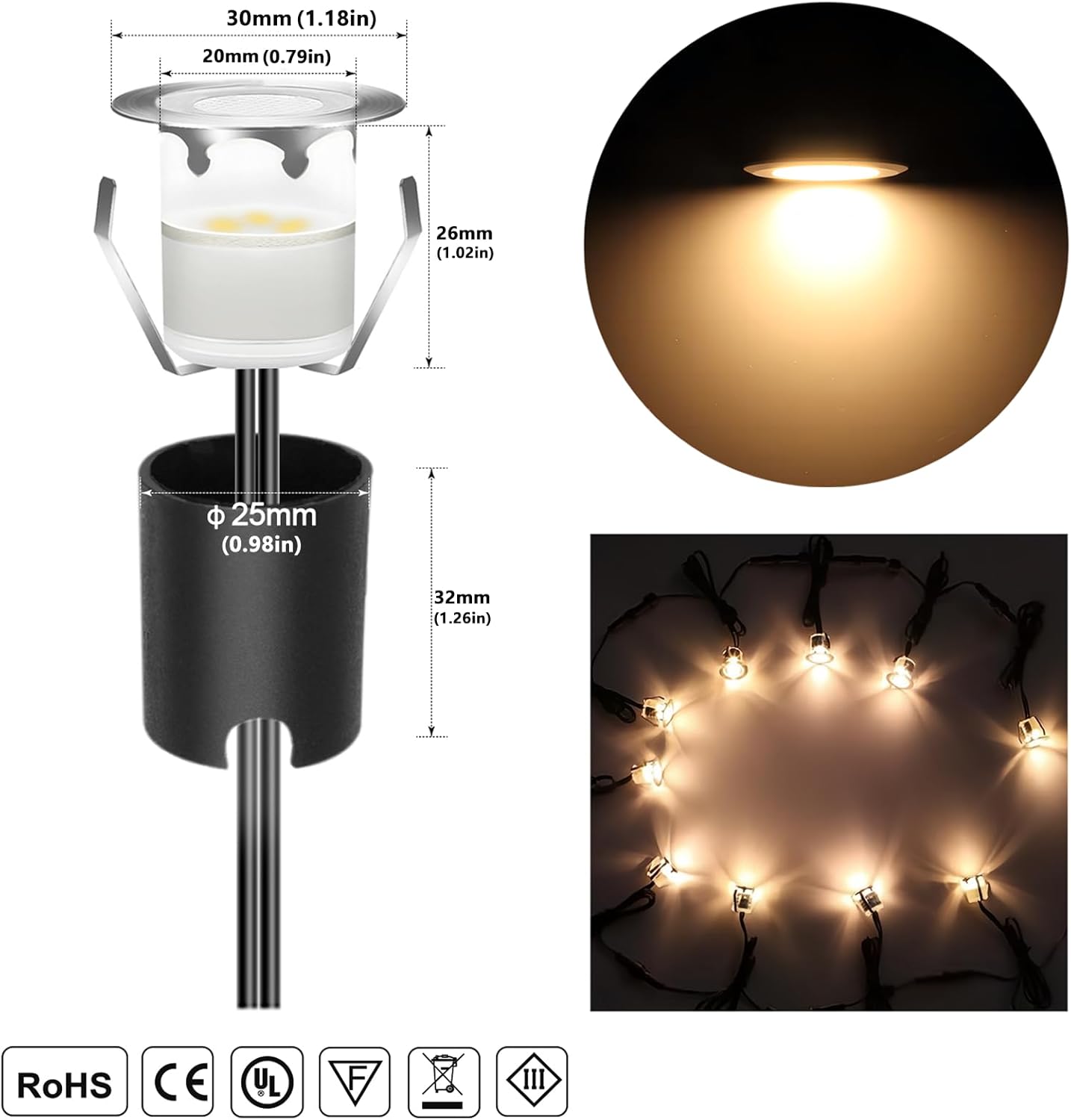 Rnehon LED Deck Lights Recessed Ø30mm Warm White
