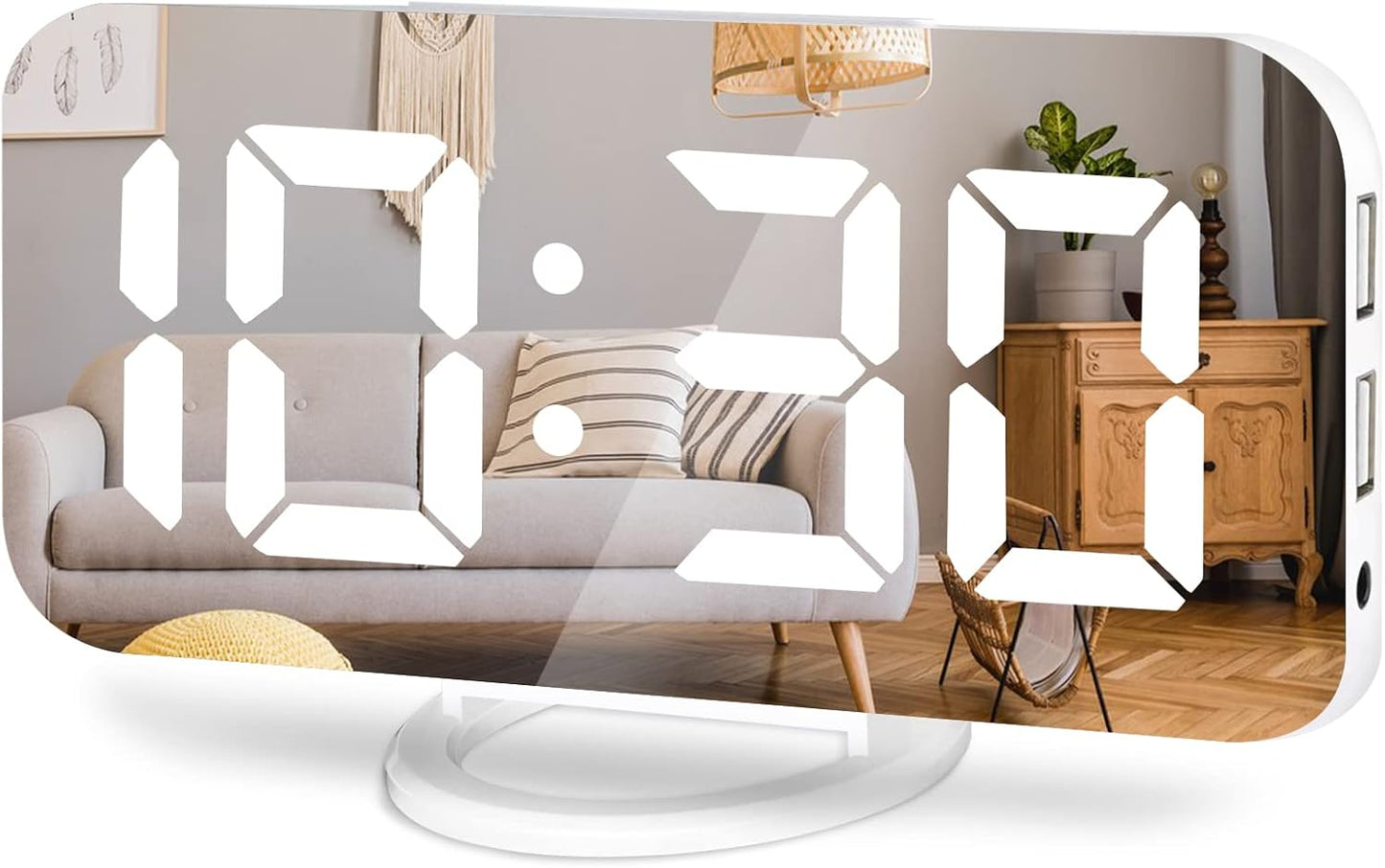 Digital Alarm Clock,Large LED Mirror Display, 2 USB Charging Ports，Auto Dim Mode，Modern Design Clock for Bedroom Office, White