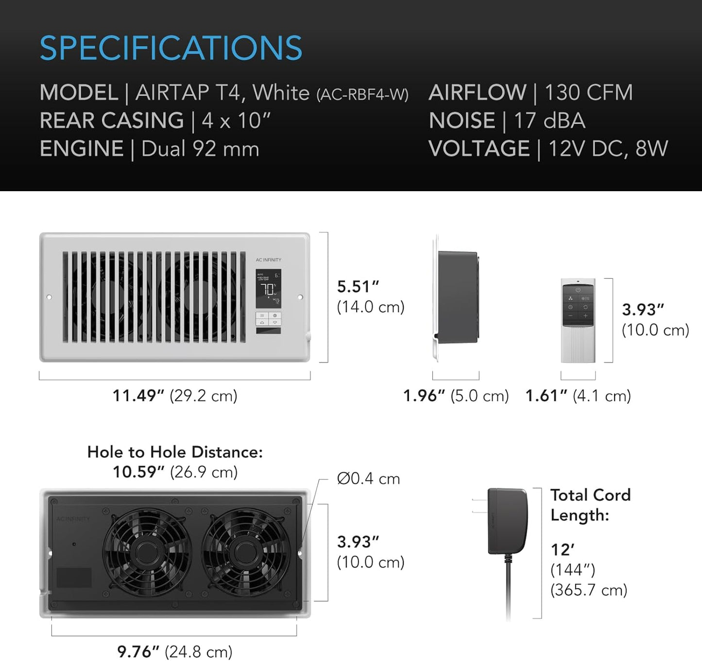 AC Infinity AIRTAP T4 White, Register Booster Fan for 4” x 10” Vents, Thermostat Control Improves Heating & Cooling, Quiet 10-Speed Remote Control & Bluetooth App. ONLY FITS 4” x 10” Duct Openings