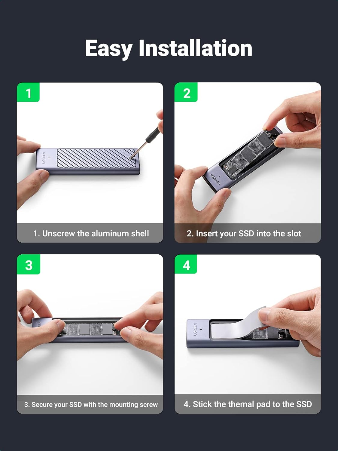 UGREEN M.2 NVMe SATA SSD Enclosure, USB 3.2 Gen2 10Gbps Enclosure for NVMe PCIe M-Key(M+B Key), SATA NGFF (M+B) Key, Support UASP Trim Smart for 2280 2260 2242 2230 with 2 Cables, Aluminum Heatsink