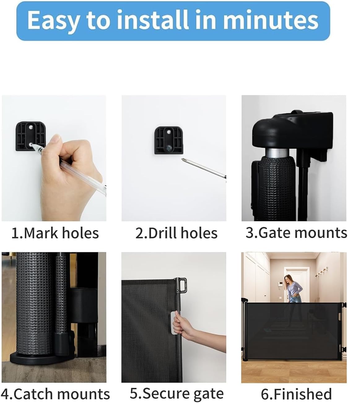 Retractable Baby Gate,Mesh Baby Gate or Mesh Dog Gate,33.6" Tall,Extends up to 55" Wide,Child Safety Gate for Doorways, Stairs, Hallways, Indoor/Outdoor (Black 33.6"x55")