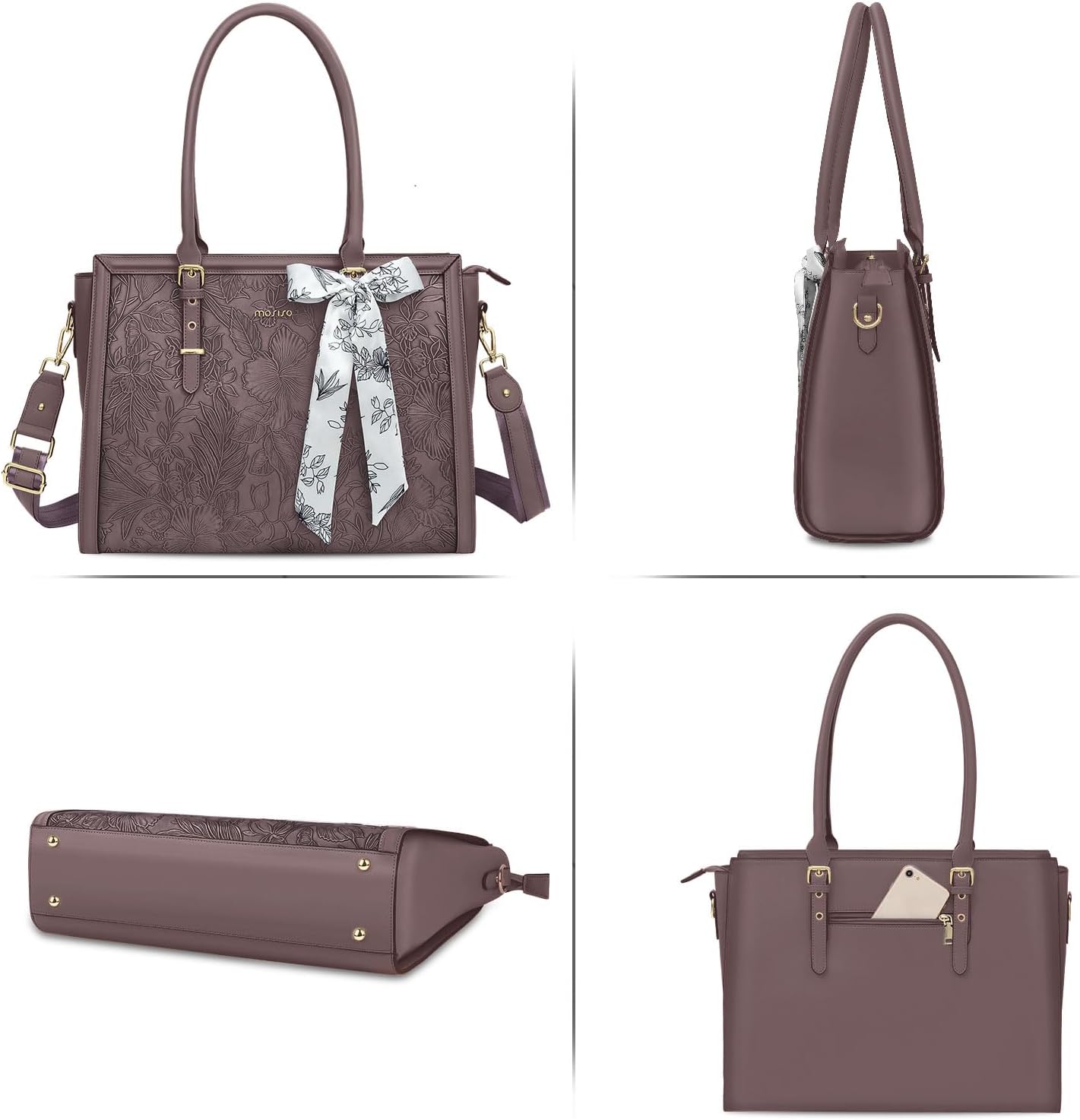 MOSISO Laptop Bag for Women, 17-17.3 inch PU Leathe Tote Bag Compatible with MacBook, HP, Dell, Asus Notebook, Front Embossed Retro Hibiscus Computer Bag with Silk Scarf&Clutch Purse, Gray - PuriLite