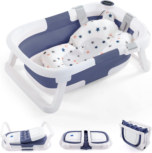 Baby BathTub, 4-in-1 Newborn to Toddler Tub with Temperature Sensor,Infant Waterproof Ear Cap and Soft Cushion included,Blue