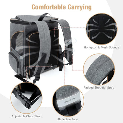 Lekesky Cat Backpack Expandable Dog Carrier Backpack Airline Approved Pet Backpack Carrier for Cats, Small Dogs, Puppies Under 13 Lbs, Grey