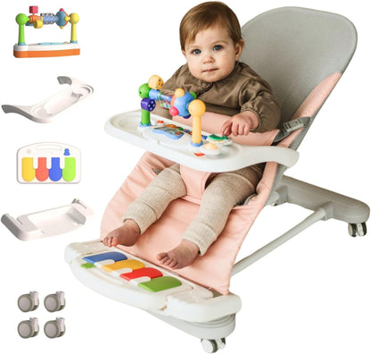 CuddoBaby Baby Bouncer 4-in-1 on Wheels |Detachable Pianos, Feeding Tray| 3-Level Recline Foldable Seat with Play Bar for Infant to Toddler 0-6, 0-12, 12-24 Months, Baby Gift Idea- Blue