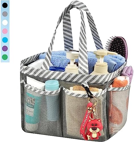 Mesh Shower Caddy Tote, Large College Dorm Bathroom Caddy Organizer with Key Hook and 2 Oxford Handles, Quick Hold, 8 Basket Pockets for Camp Gym