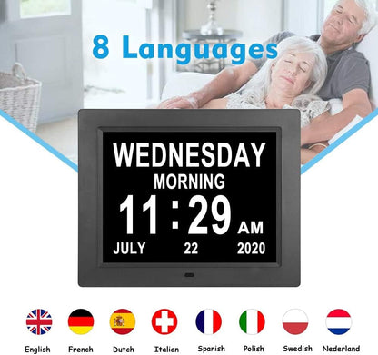 [2025 Newest] Digital Day Calendar Clocks 3 Medicine Reminders Extra Large 8 Inch Non-Abbreviated Day Date Month Dementia Senior Clock for Eldarly Memory Loss Vision Impaired Clock