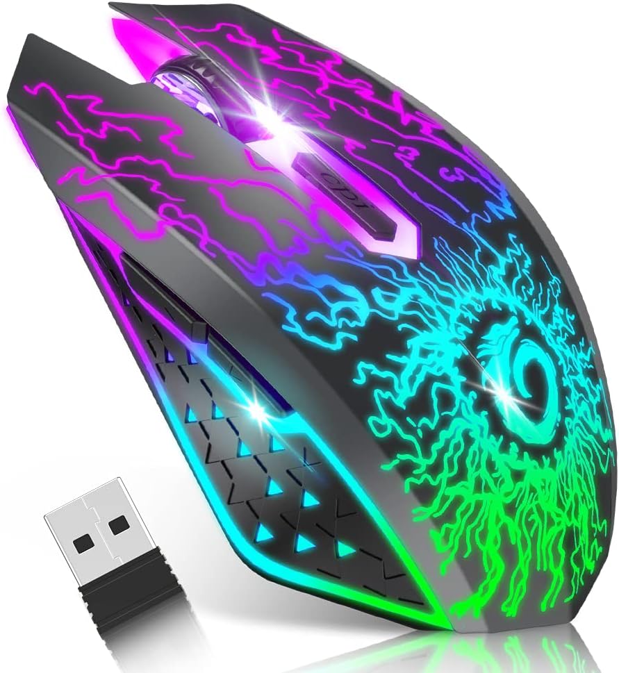 VersionTECH. Wireless Gaming Mouse Rechargeable Computer Mouse Mice Souris with Colorful LED Lights Silent Click 2.4G USB Nano Receiver 3 Level DPI for PC Gamer Laptop Desktop Chromebook Mac