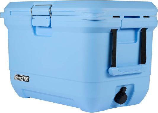 Coleman Pro Heavy-Duty Ultra-Light Premium Hard Cooler, 92/74/36-Can Capacity, Extra-Thick Insulation Keeps Ice up to 5/4/3 Days, 55-Quart Wheeled Cooler or 45/25 qt (No Wheels), Blue Sky