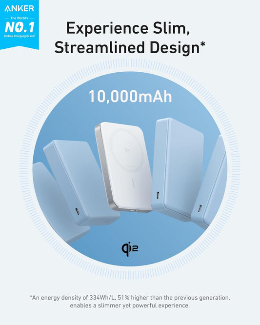Anker MagGo Power Bank, 10,000mAh Qi2-Certified 15W Portable Charger | Slim and Fast MagSafe-Compatible Battery Pack, Ergonomic Design, for iPhone 16 / 15 / 14 / 13 Series and More