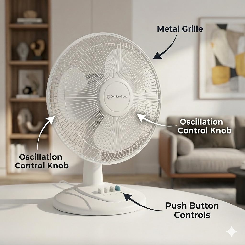 Comfort Zone 12" Oscillating Table Fan (White) – Quiet 3-Speed Fan for Bedroom, Office & Air Circulation