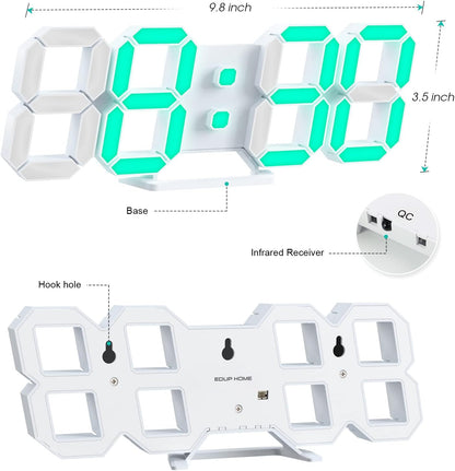 EDUP HOME 3D LED Wall Clock Desk Alarm Clock 7 Colors 9.7" with Remote Control, Digital Alarm Clock Adjustable Brightness Timer 12/24 Hr Time/Date/Temperature for Kid Bedroom/Kitchen/Office