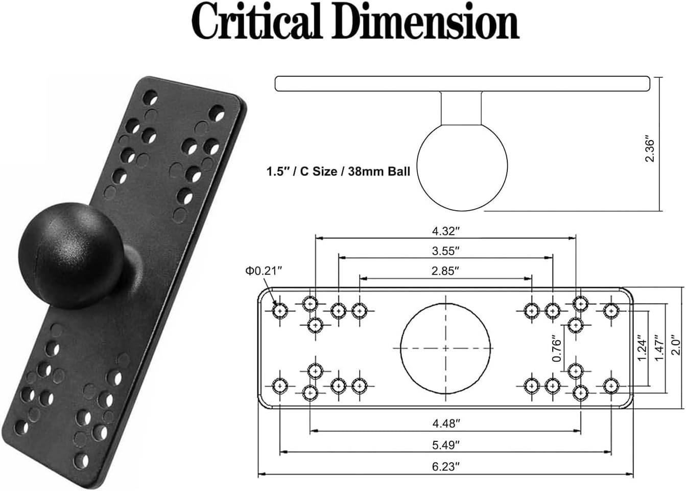 Strg Kayak Fish Finder Mount with 1.5" C Size Ball Rectangular Plate and Round Base, 3.75" Medium Arm Fish Finder Mount Boat Marine Electronic Mounts for Garmin, Lowrance and More Fish Finders