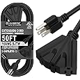 50-Feet 3 Outlet Extension Cord, Kasonic UL Listed, 16/3 SJTW 3-Wire Grounded, 13 Amp 125 V 1625 Watts, Multi-Outlet Indoor/Outdoor Use, Black