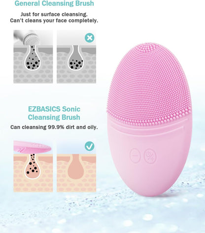 EZBASICS Sonic Facial Cleansing Brush Made with Ultra Hygienic Soft Silicone, Waterproof Sonic Vibrating Face Brush for Deep Cleansing, Gentle Exfoliating and Massaging, Inductive Charging Blue