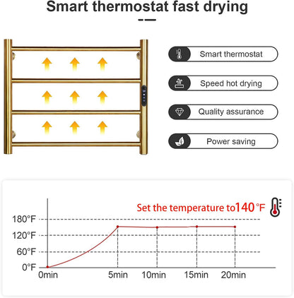 Heated Towel Rack Gold, 4 Bars Towel Warmer Rack for Bathroom Wall Mounted, Timer & Temperature Control Electric Towel Drying Rack (4 Bars Brushed Gold D, Hardwired)