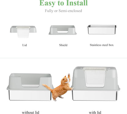 TENTIZON Stainless Steel Cat Litter Box, Extra Large Enclosed Kitty Litter Box with Removable Lid, Scoop, Pedal, XL High Sided Metal Litter Pan for Kitten, Big Cats Up to 11KG