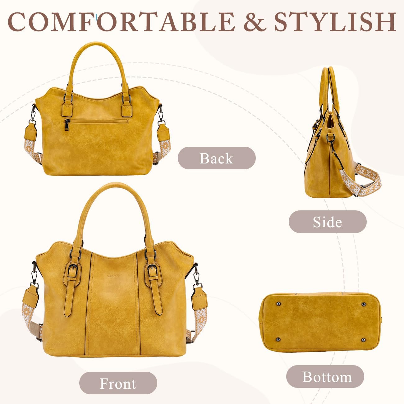 Hobo Bags for Women,VASCHY Vegan Leather Handbag Purse Top Handle Satchel Boho Shoulder Bag with Crossbody Guitar Strap