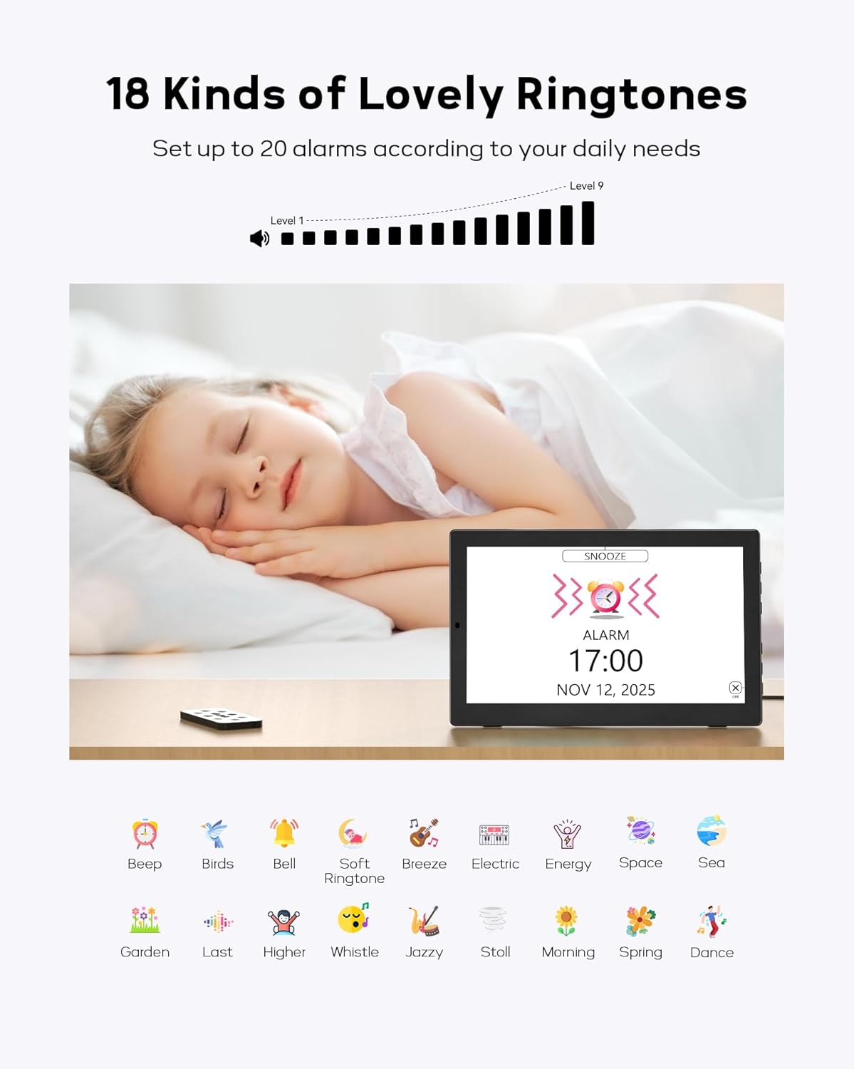 10.1'' Large Display Dementia Clock for Seniors, Calendar Clock with Remote Control,12 Themes, 20 Alarms, 20 Reminders, 6 Languages, Auto Dimming, 12/24 Hours, Indoor Temperature, Humidity