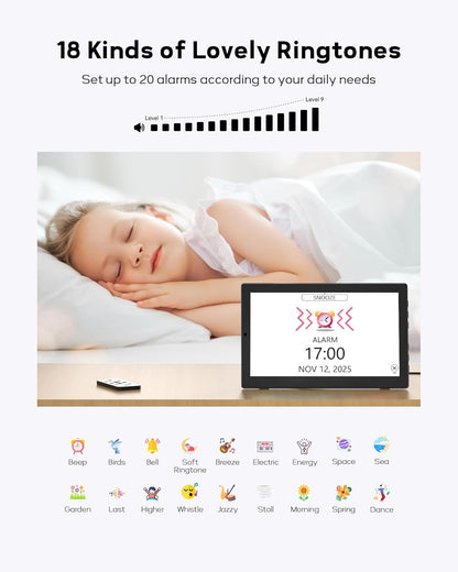 10.1'' Large Display Dementia Clock for Seniors, Calendar Clock with Remote Control,12 Themes, 20 Alarms, 20 Reminders, 6 Languages, Auto Dimming, 12/24 Hours, Indoor Temperature, Humidity