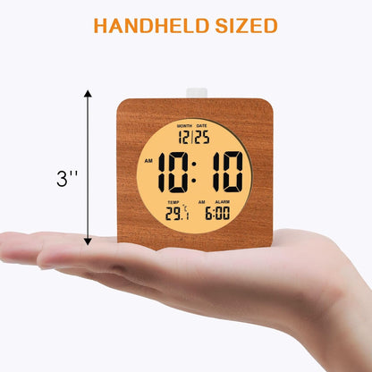 Plumeet Wooden Digital Alarm Clock for Bedrooms, Wood 4'' Battery Powered Alarm Clock with Snooze and Nightlight, Electronic LCD Desk Clock Display Time, Date, Temp, 12/24H, Wood Décor (Sapele, 3.2'')