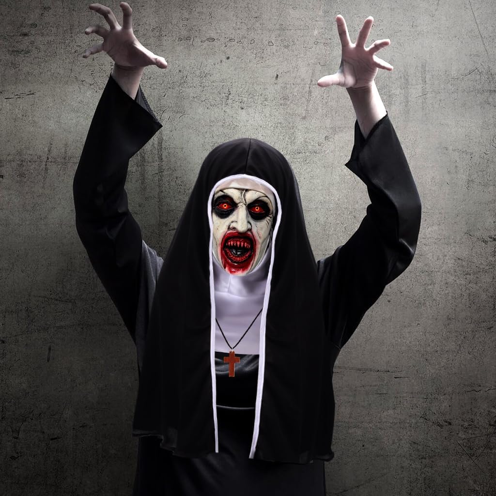 3Pcs Halloween Mask Headgear,Breathable Mesh Full Head Face Mask Creepiest Headwear Costume with Cross Necklace Cape