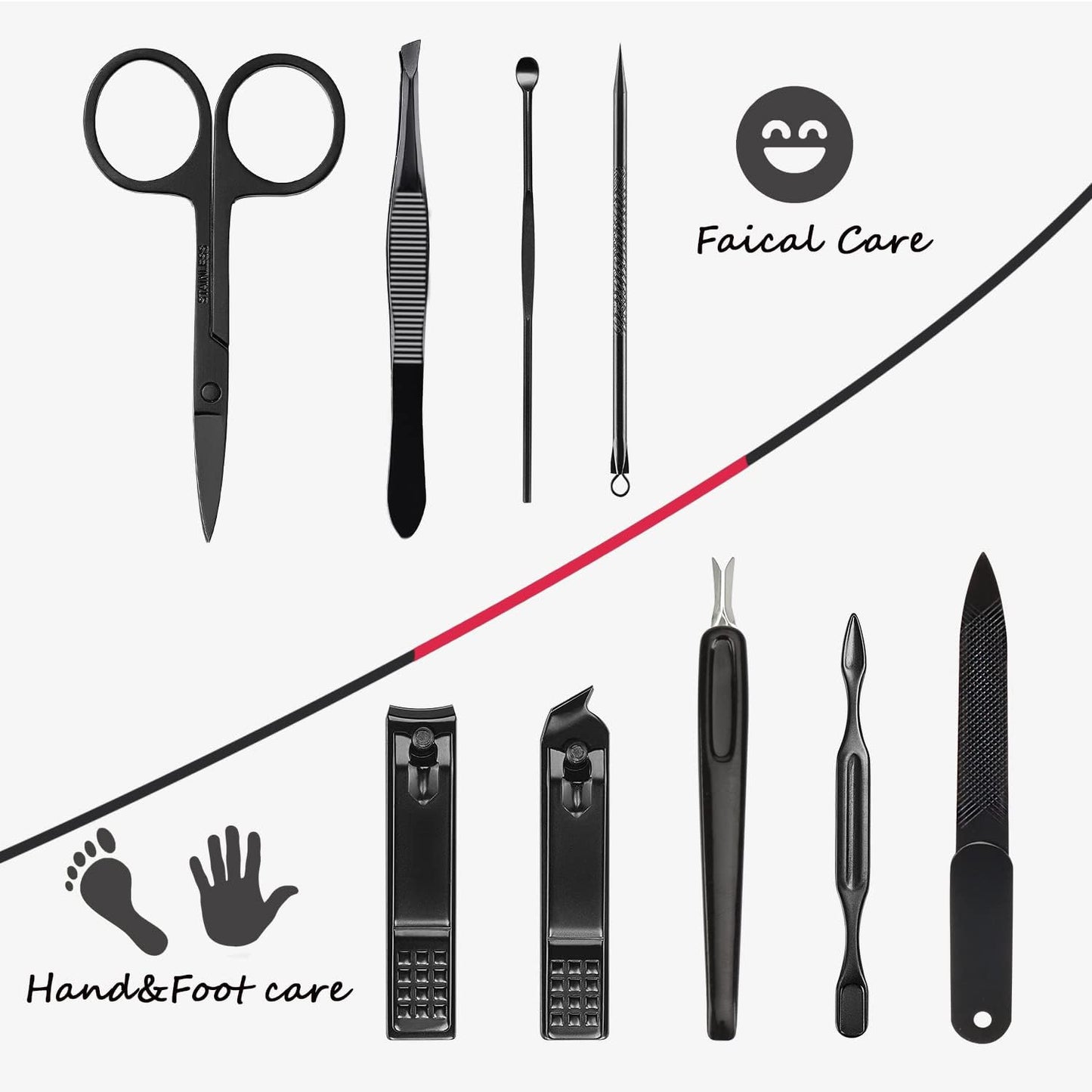 Manicure Set 9 in 1 Stainless Steel, Nail Clippers Scissors Pedicure Tools Kit - Portable Travel Grooming Kit for Men and Women with Black/Red Leather Case (Blue)