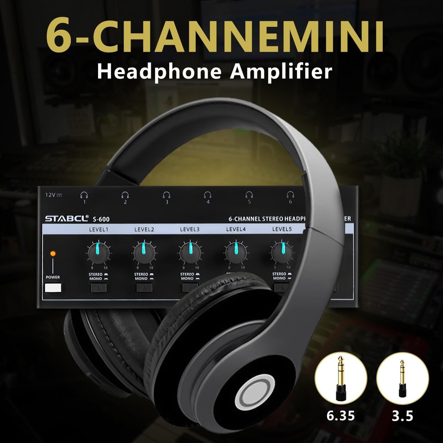 Headphone Amplifier 6 Channel, Stereo Headphone Amp with 3.5mm&6.35mm Input and Output, Metal Portable Studio Headphone Amp Splitter, Headphone Mixer with Mono and Stereo for Recording Studios