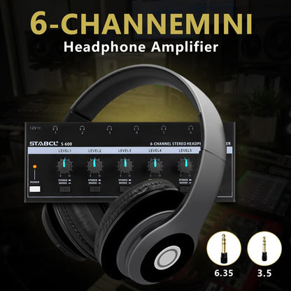 Headphone Amplifier 6 Channel, Stereo Headphone Amp with 3.5mm&6.35mm Input and Output, Metal Portable Studio Headphone Amp Splitter, Headphone Mixer with Mono and Stereo for Recording Studios