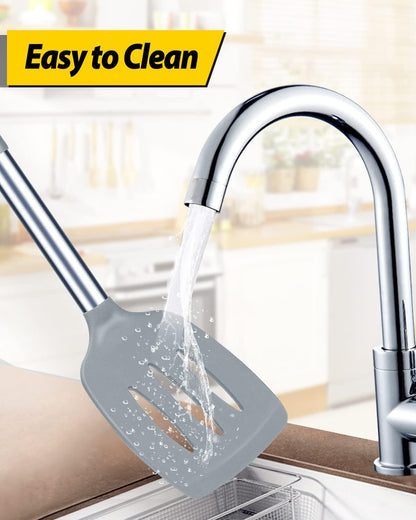 Pack of 2 Silicone Slotted Spatula,Non Stick Solid Kitchen Turner, High Heat Resistant BPA Free Cooking Utensils for Fish, Eggs, Pancakes（Black