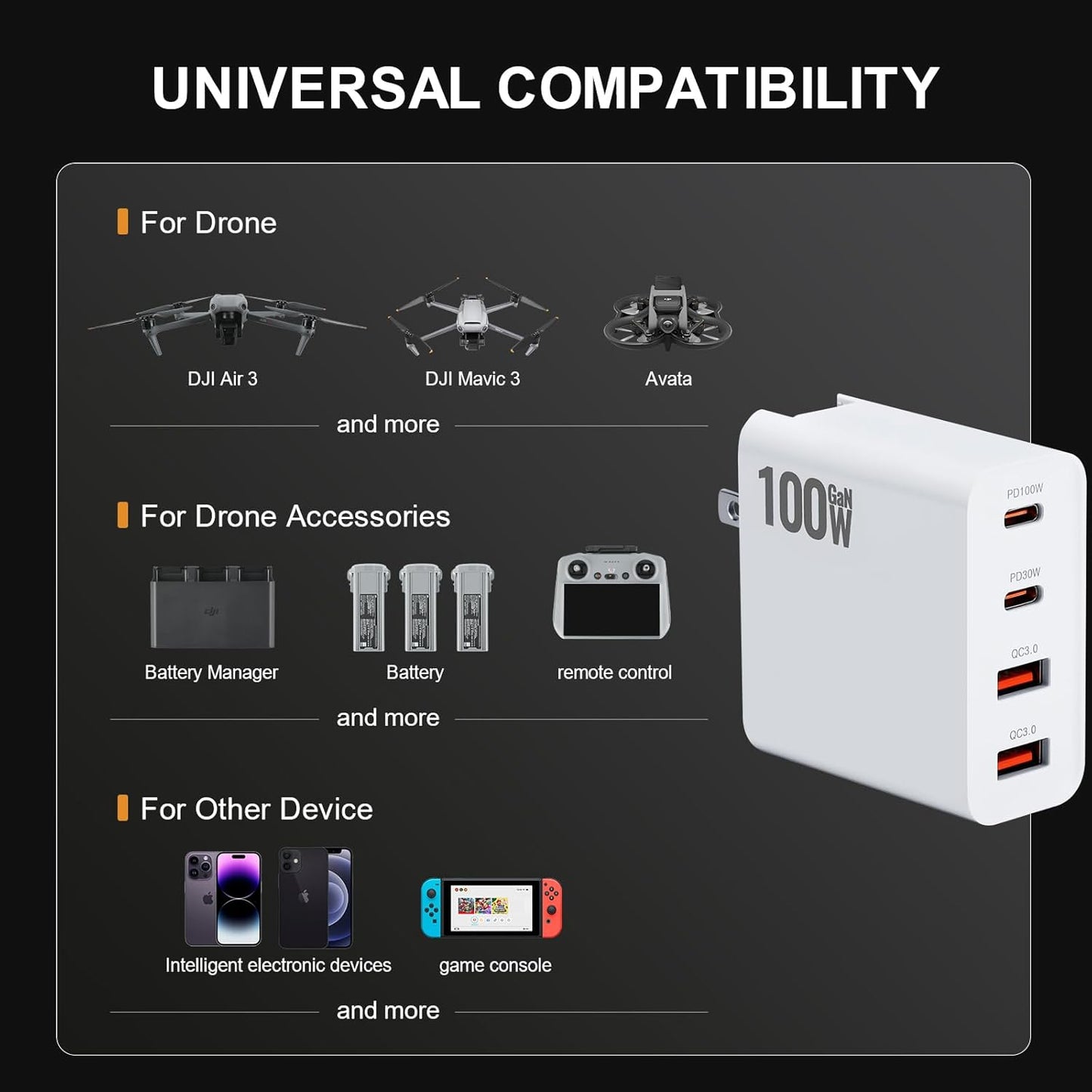 RCstyle Drone Power Adapter,100W GaN Charger 4-Port, Dual PD (100W/30W) and QC3.0 Port Fast Charger,for DJI Flip, DJI Avata 2,DJI NEO,Air 3S,Air 3,Mini 2,Mini 3 Pro,Mini 4 Pro,Air 2s,Drone Accessories