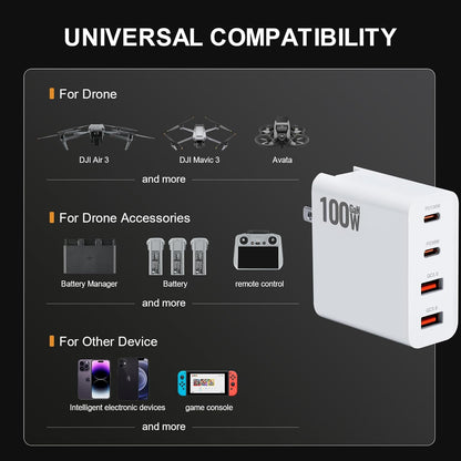 RCstyle Drone Power Adapter,100W GaN Charger 4-Port, Dual PD (100W/30W) and QC3.0 Port Fast Charger,for DJI Flip, DJI Avata 2,DJI NEO,Air 3S,Air 3,Mini 2,Mini 3 Pro,Mini 4 Pro,Air 2s,Drone Accessories
