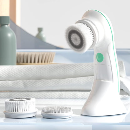 TOUCHBeauty Facial Cleansing Brush Electric, Face Cleansing Brush with Stand, 3 Brush Heads, 2 Speeds, IPX5 Waterproof, Battery-Powered, Suitable for All Skin Types, AG-0759D, White