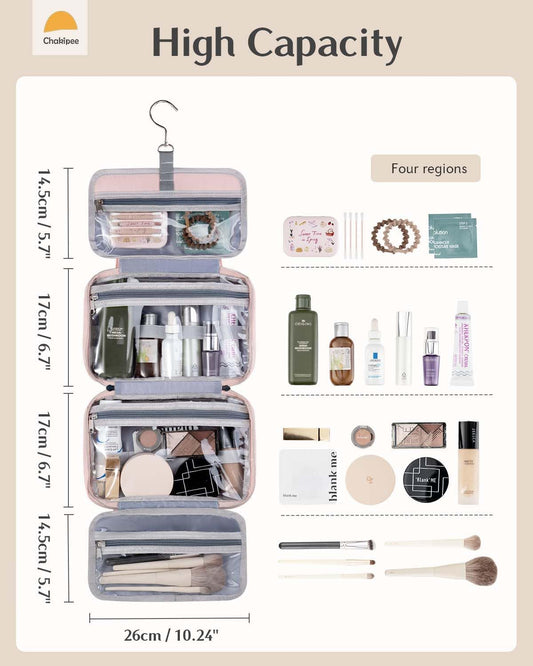 Chakipee Travel Hanging Toiletry Bag for Women - Waterproof Toiletries Bag Cosmetic Organizer Lightweight Bathroom with Clear Window for Essentials, Makeup, Shampoo Pink Medium - PuriLite