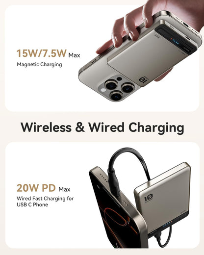 Kuulaa Power Bank Magsafe 10000mAh, Magnetic Wireless Power Bank PD 20 W, Mini Magsafe Portable Charger Compatible with iPhone 16/15/14/13/12 Serie - Black Titanium