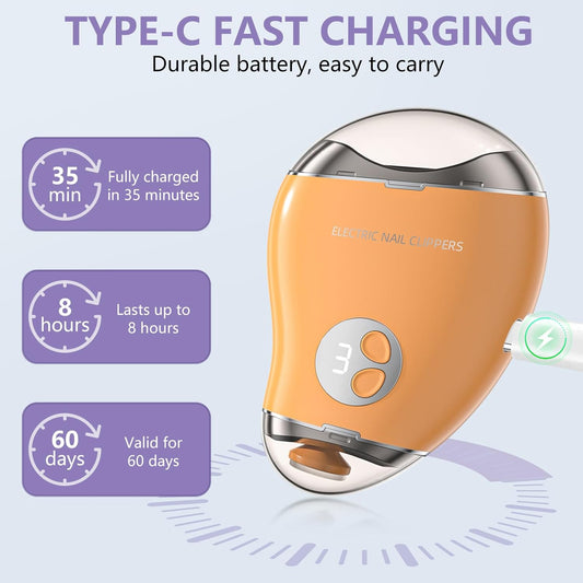 Type-C Professional Electric Nail File and Polish with LED Light & Polisher – 3 Adjustable Speeds, Safe Nail Clippers for Seniors, Adults and Kids, Built - in Storage, Effortless Manicure - Yellow - PuriLite