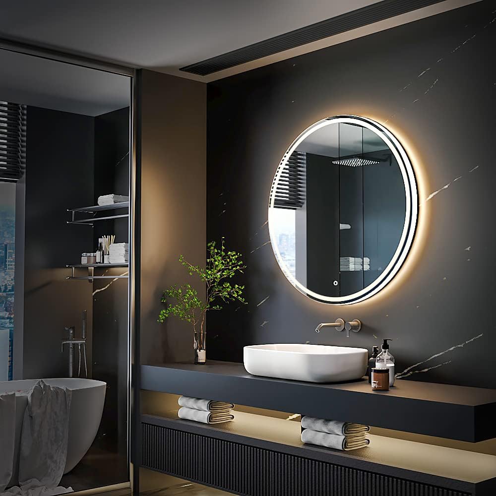 KWW Round Mirror Bathroom LED Lighted Mirror, Illuminated Dimmable Anti-Fog Wall-Mounted Makeup Vanity Mirror with Lights (24L x 24W inches)