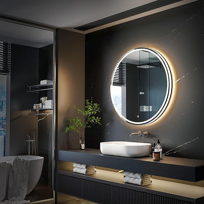 KWW Round Mirror Bathroom LED Lighted Mirror, Illuminated Dimmable Anti-Fog Wall-Mounted Makeup Vanity Mirror with Lights (24L x 24W inches)
