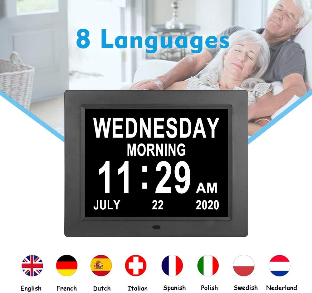 [2025 Newest] Digital Day Calendar Clocks 3 Medicine Reminders Extra Large 8 Inch Non-Abbreviated Day Date Month Dementia Senior Clock for Eldarly Memory Loss Vision Impaired Clock