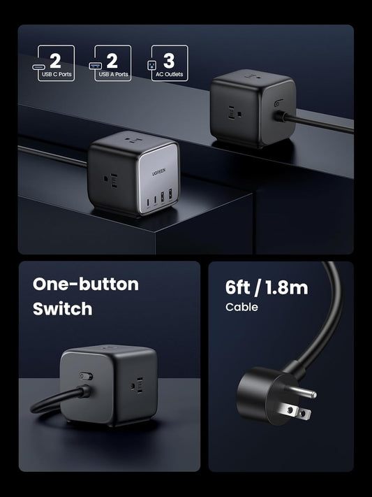 UGREEN 65W USB C Charger, Nexode Power Bar, Charging Station with 3 AC Outlets, 2 USB C, 2 USB A, 6ft Extension Cord Charging Station Compatible with MacBook Pro Air, iPhone 16 15, iPad - PuriLite