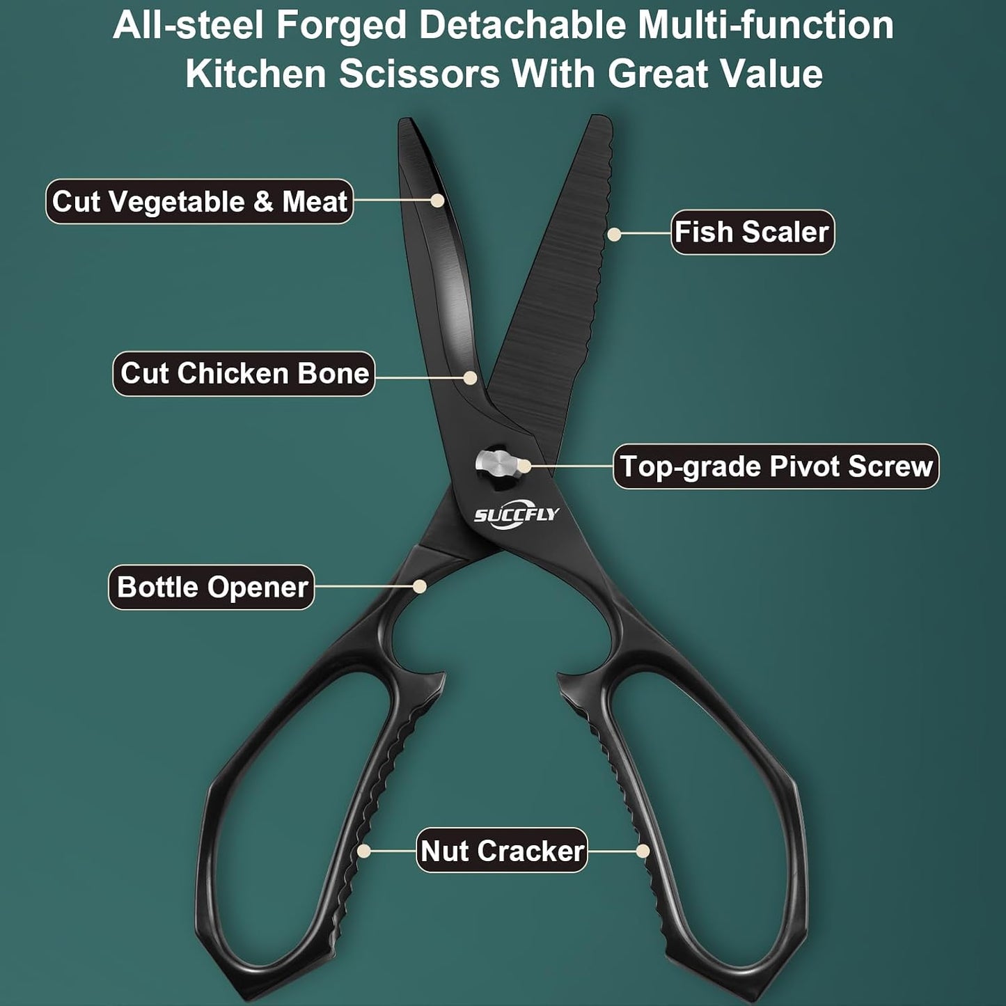 Premium Kitchen Shears Heavy Duty, Kitchen Scissors Stainless Steel, Sharp Poultry Shears, Food Scissors for Vegetable, Chicken, Meat, Fish, Detachable Scissors All Purpose with Black Titanium Plated